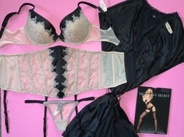Victoria&#39;s Secret 34D BRA SET+garter cincher+ROBE satin Black beige embr... - $296.99