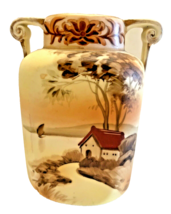 Vase Nippon Hand Painted Lake Cabin Boat Scene Signed 6 Inches Tall Vintage - £48.47 GBP
