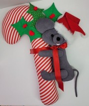 Vtg 80s Large Candy Cane Mouse Plush Decor Wall Door Hanging 20&quot; Handmade - £15.41 GBP