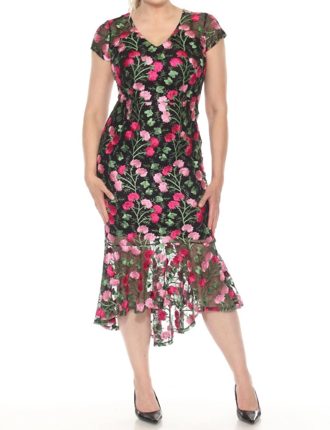 Joseph Ribkoff Floral Embroidered Mesh Midi Trumpet Dress Size 10 (UK 12) - $135.63