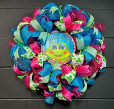 Handmade Front Door Wreath ~ Spring, Summer, Frog Theme ~ 24 inch Deco Mesh - £59.93 GBP