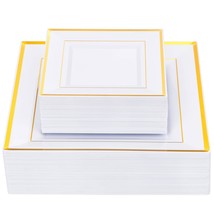 Pcs White And Gold Square Plastic Plates-50Pcs Heavy Duty 9.5Inch White Dinner P - £62.04 GBP