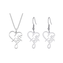 FAITH Heart Necklace AND Earring Jewelry Set Catholic Christian Women Girl - £11.71 GBP