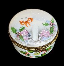 Limoges France La Gloriette Trinket Box White Cat Christmas Holly Hand P... - $145.48
