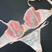 Victoria&#39;s Secret Foderati 34D Reggiseno Set Tanga Beige Rosa Corallo Ricamato - £66.45 GBP