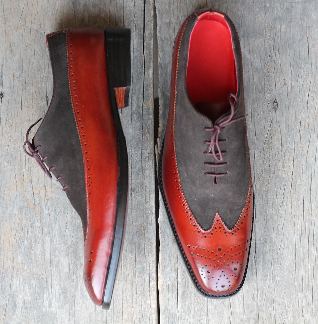 Handmade Men Tan Black Leather Suede Wing Tip Brogue Lace Up Dress Formal Shoes
