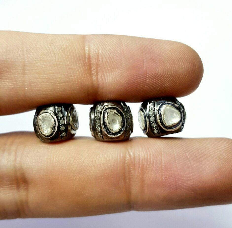 Polki Design Rosecut Pave Diamond Beads 925 Silver Handmade Flat - $39.63