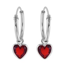 Gleaming Heart Red Cubic Zirconia Sterling Silver Hoop Dangle Earrings - £8.19 GBP