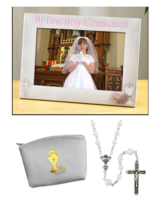 Girl&#39;s First Communion Eucharist Gift Set- Photo Frame, White Rosary and Pouch - £15.97 GBP