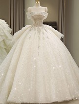 Beautiful Wedding Dress Off Shoulder Luxury Bridal Ball Gown Floor Or Long Train - £471.96 GBP