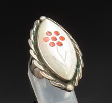 ZUNI NAVAJO 925 Silver - Vintage Coral Flower Mother of Pearl Ring Sz 7- RG25034 - £94.45 GBP