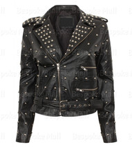 New Women&#39;s Black Handmade Silver Studded Biker Real Cowhide Leather Jac... - £204.87 GBP