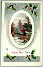 Happy New Year Agrifoglio Invernale Cabina Scene Goffrato 1911 DB Cartolina G12 - £3.17 GBP