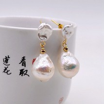 Vintage ladies pearl earrings, white natural baroque pearls, women&#39;s gold earrin - £30.96 GBP