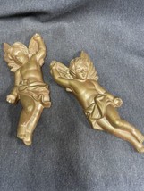 Pair Vintage Miller Studio Chalkware Cherub Gold Wall Plaques Hollywood Regency - £18.68 GBP