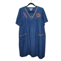 Go Softly Patio Dress L Chambray Blue Resort House Dress Embroidery Hear... - $39.99