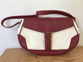 Vtg 90s Donna Karan DKNY Red Leather White Canvas Preppy Buckle Purse Handbag  - £29.56 GBP