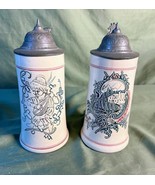 Old Set of Two German Pottery Pewter Lidded Handled Beer Drinking Stein ... - $87.34 CAD