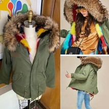 MAOMAOKONG Real Fox Racoon Fur Hood collar Jacket Sz S multicolor Canvas... - $391.05