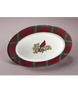 Living Quarters Christmas Oval Serving Platter Cardinal Plaid Border - $12.96