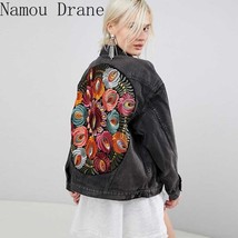Oversized Multi  Embroidered Denim Jacket Outwear Bohemian Casual Chic Jacket Co - £120.80 GBP