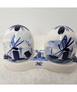 Delft Blue Hand Painted Egg Salt &amp; Pepper Shakers Set w/Underplate VTG W... - $16.26 CAD
