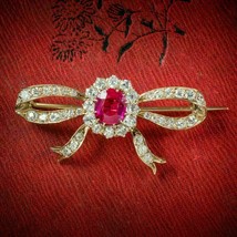 4.50Ct Oval Cut Simulated Ruby Pink Bow Brooch Pin   Gold Plated 925 Silver - £148.77 GBP