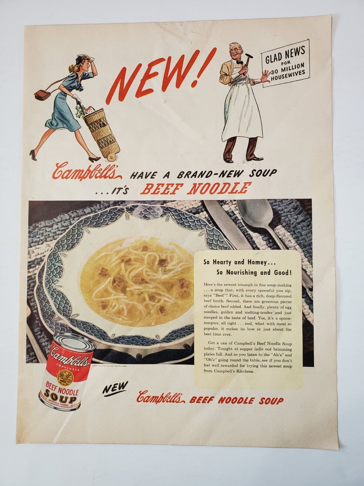 1944 Campbell's Beef Noodle Soup Vintage WWII Print Ad - $15.50