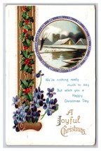 Joyful Christmas Cabin Scene Holly Violet Flowers Gilt Embossed DB Postcard Y9 - £3.07 GBP