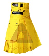 Scottish Handmade Fashion Utility Kilt Yellow Kilt Leather Strap Kilt For Men&#39;s - £30.46 GBP+