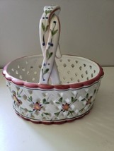 Vtg RCCL Hand Painted Floral Ceramic Oval Basket Braided Handle Made in Portugal - £17.56 GBP