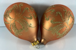 Vintage 2 RAUCH Peach Gold Glitter Egg Shape Glass Ornaments-Missing Cap - £18.13 GBP