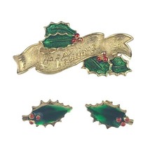 Gerrys Christmas Brooch Vintage Banner Happy Holidays Holly Gold Tone W Earrings - £6.71 GBP