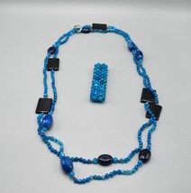 Faceted Blue Beaded 2-Strand Necklace &amp; Bracelet Set Matching Chunky Jewelry - £45.65 GBP
