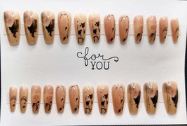 24pc Press on Nails Nude Black Abstract Floral Long Length - £6.39 GBP