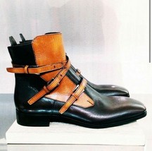 Two Tone Tan Black Triple Buckle Strap Genuine Leather High Ankle Boots US 7-16 - £140.99 GBP