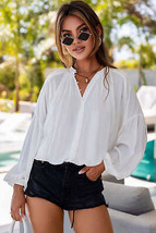 White Solid Color V Neck Balloon Sleeve Shirt - £22.37 GBP