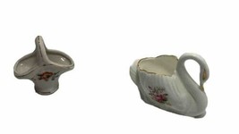Vtg Mini Ceramic  Royal Albert Swan Figurine &amp; Basket Planter Made in England - £13.20 GBP