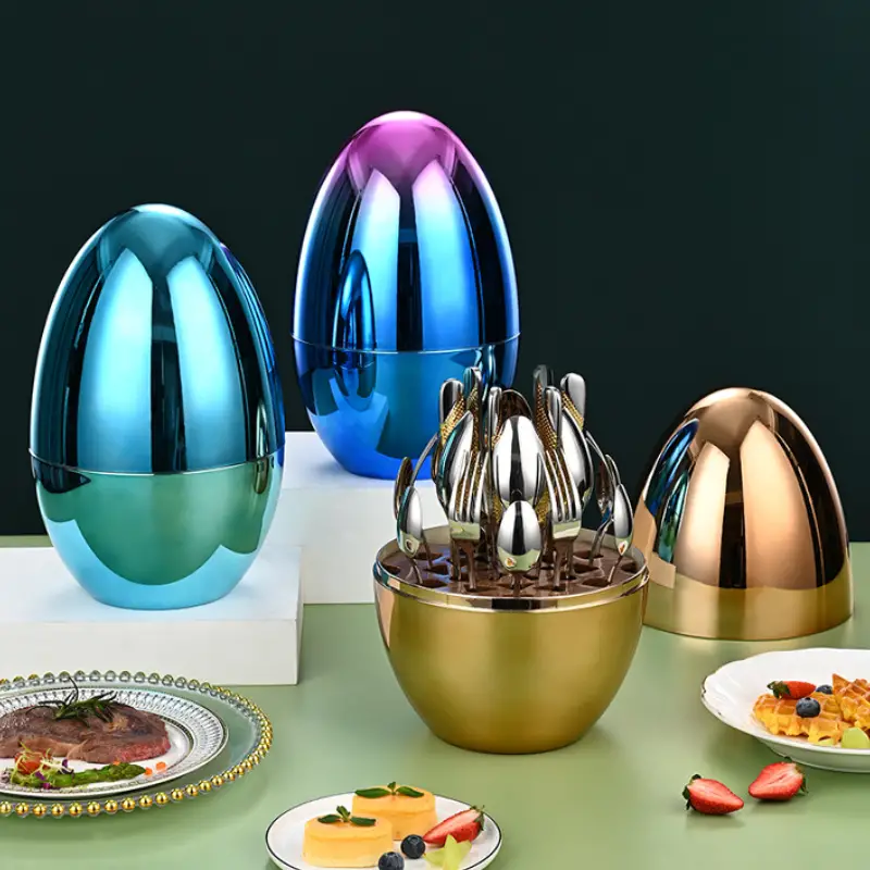 24pcs Egg Shaped Stainless Steel Tableware Set, Knife Fork Spoon Gift Ornament  - £87.92 GBP