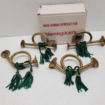 4 Vintage Bloomingdale&#39;s Brass Bugle / Horn Napkin Rings With Green Tassels - £14.00 GBP