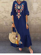 Color: Navy Blue, Size: 3XL - Cotton and linen long dress - $30.09