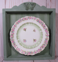 Wall Art VINTAGE Pink Floral Plate in Sage Green Open Frame 8&quot; x 9&quot; OOAK. - £13.96 GBP