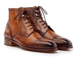 Paul Parkman Mens Shoes Boots Brown Leather Cap Toe Handmade BT9566-BRW - $579.99