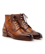 Paul Parkman Mens Shoes Boots Brown Leather Cap Toe Handmade BT9566-BRW - $795.88 CAD