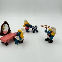 Vintage Lot of 3 Rare Smurfs Smurfette Cowgirl Shopping Cart Makeup Vanity 1980s - $70.13