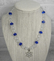 Snowflake Holiday Necklace Frosted Glass Crystal Girls Handmade Blue Clear - $16.82