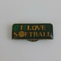 Vintage I Love Softball .25&quot; x 1&quot; Green &amp; Gold Tone Enamel Lapel Hat Pin - $4.46