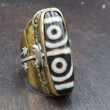 Antique Silver Inlay brass Ring With Tibetan Dzi Agate Center Stone - £116.30 GBP