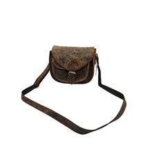 Women&#39;s Handmade Brown Leather Crossbody Bag Floral Details Button Close... - $26.17