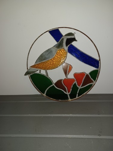 Antique Stained Glass Sun Catcher Quail Round 12” Brown Blue Rare EXQUISITE Item image 4